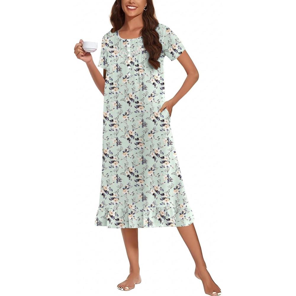 imageEkouaer Cotton Nightgowns for Women Soft Long Button Night Gowns Comfy House Dress with Pockets Short Sleeve Sleepwear S3XLLight Green Flowers