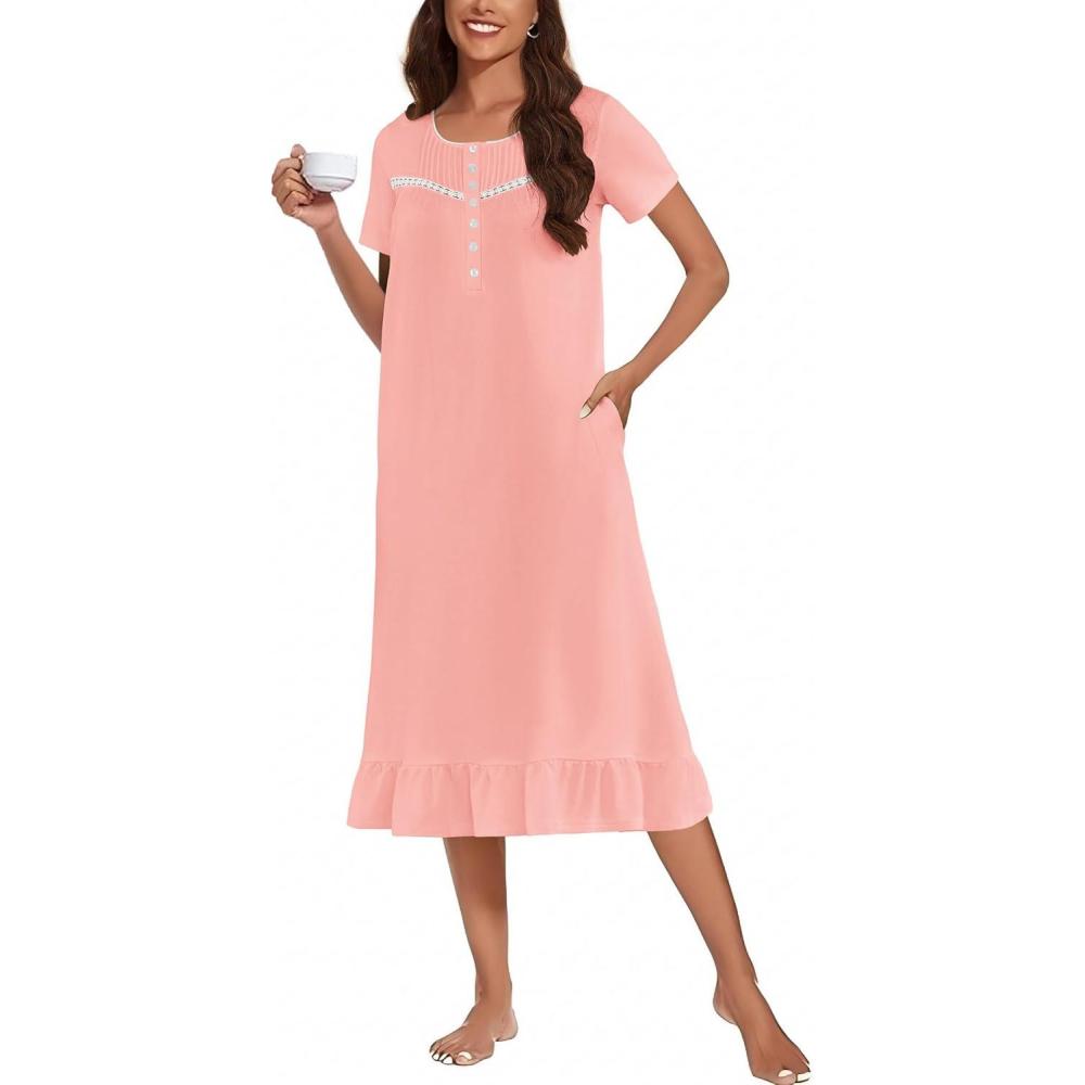 imageEkouaer Cotton Nightgowns for Women Soft Long Button Night Gowns Comfy House Dress with Pockets Short Sleeve Sleepwear S3XLLight Pink