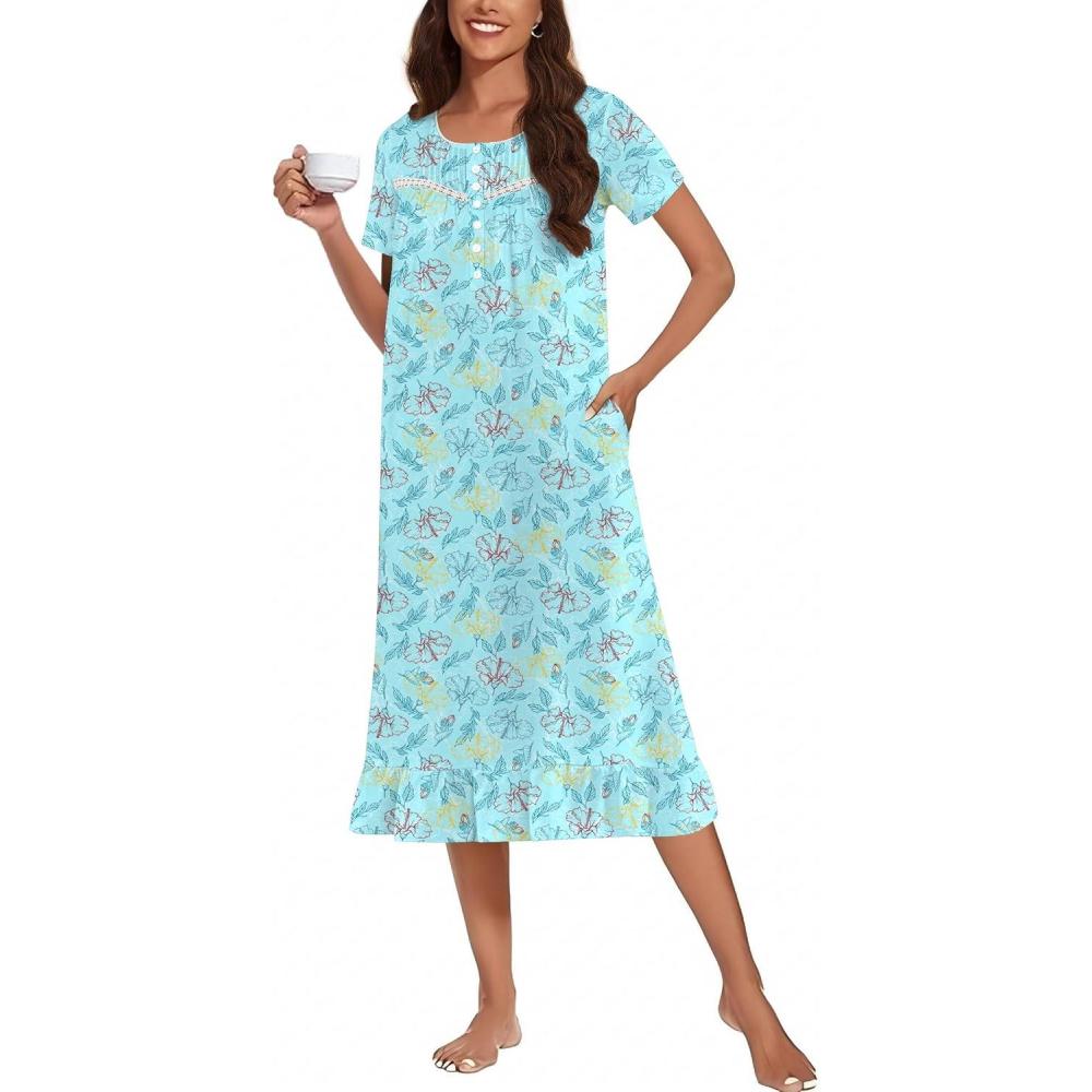 imageEkouaer Cotton Nightgowns for Women Soft Long Button Night Gowns Comfy House Dress with Pockets Short Sleeve Sleepwear S3XLLine Flowers