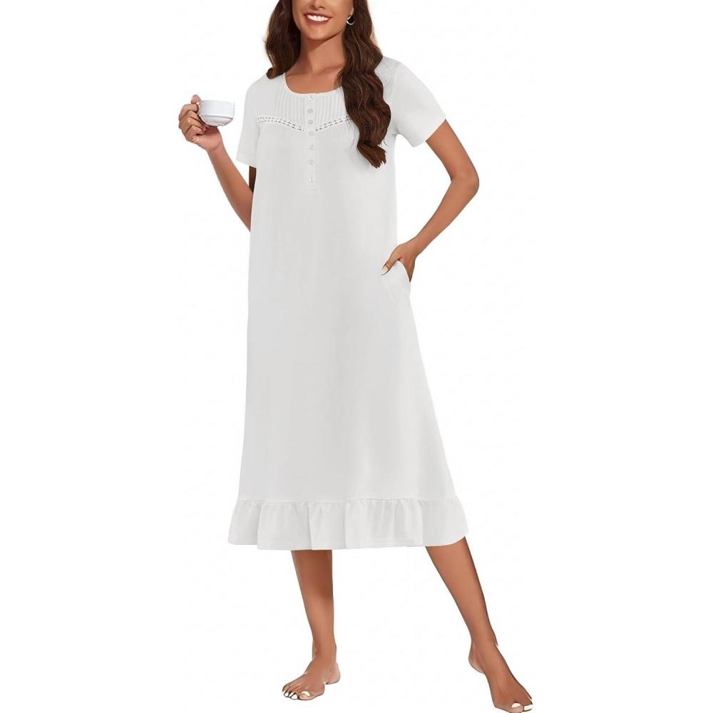 imageEkouaer Cotton Nightgowns for Women Soft Long Button Night Gowns Comfy House Dress with Pockets Short Sleeve Sleepwear S3XLWhite
