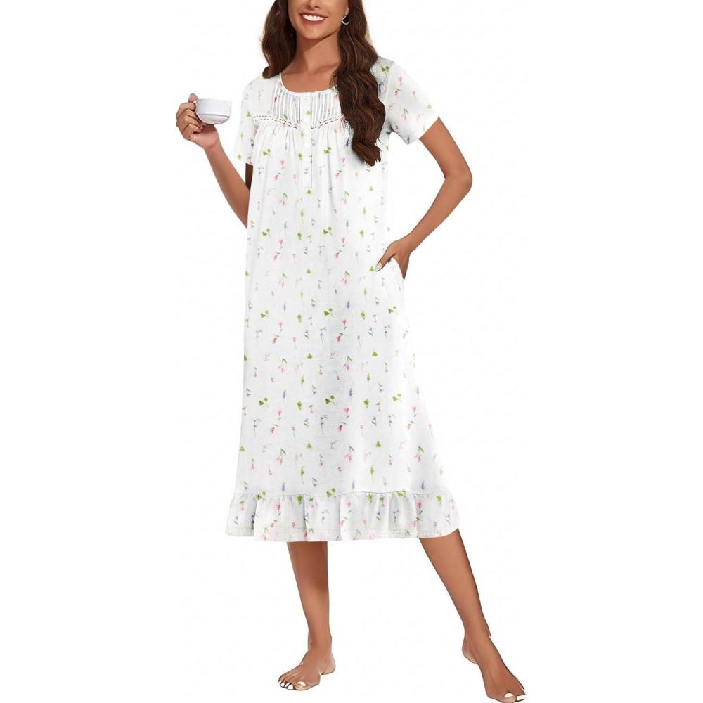 imageEkouaer Cotton Nightgowns for Women Soft Long Button Night Gowns Comfy House Dress with Pockets Short Sleeve Sleepwear S3XLWhite Flowers