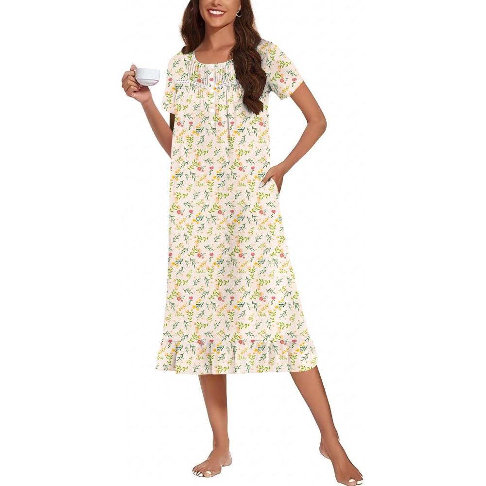 imageEkouaer Cotton Nightgowns for Women Soft Long Button Night Gowns Comfy House Dress with Pockets Short Sleeve Sleepwear S3XLYellow Florals