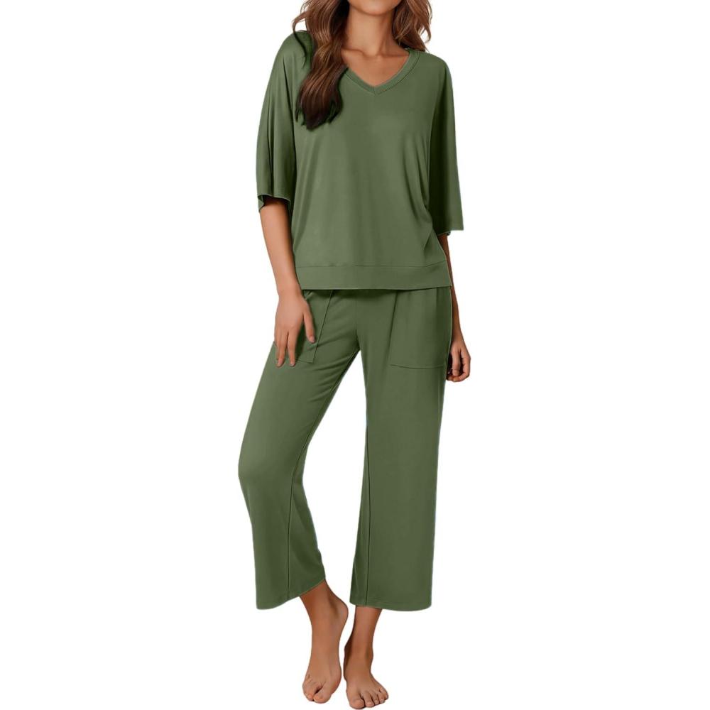 imageEkouaer Lounge Sets for Women Comfy Pajamas Set 2 Piece Outfits Short Sleeve Tops and Wide Leg Pants with Large PocketsArmy Green