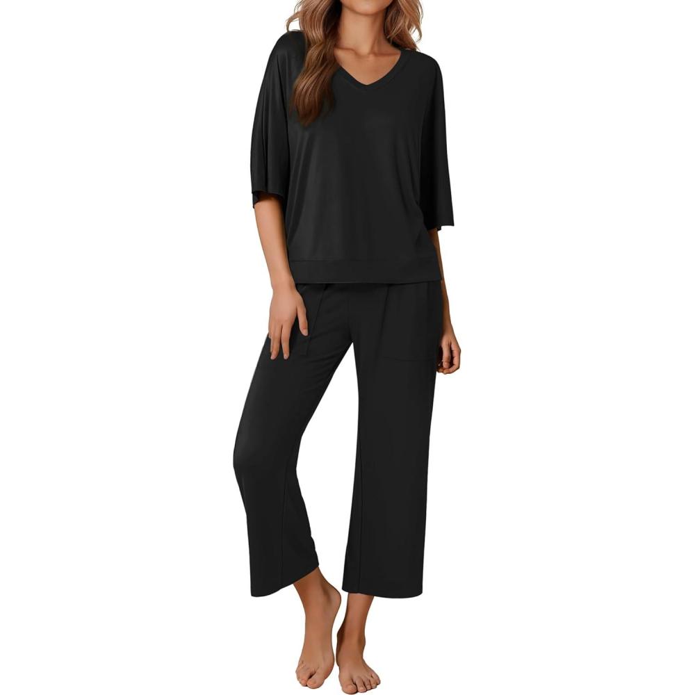 imageEkouaer Lounge Sets for Women Comfy Pajamas Set 2 Piece Outfits Short Sleeve Tops and Wide Leg Pants with Large PocketsBlack