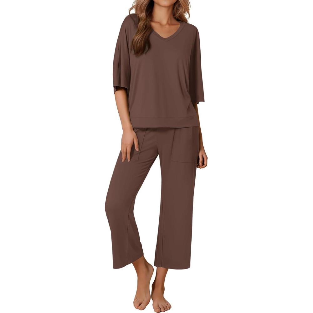 imageEkouaer Lounge Sets for Women Comfy Pajamas Set 2 Piece Outfits Short Sleeve Tops and Wide Leg Pants with Large PocketsBrown