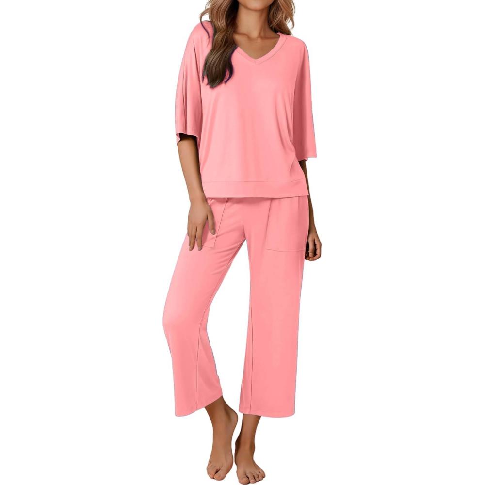 imageEkouaer Lounge Sets for Women Comfy Pajamas Set 2 Piece Outfits Short Sleeve Tops and Wide Leg Pants with Large PocketsCoral Pink