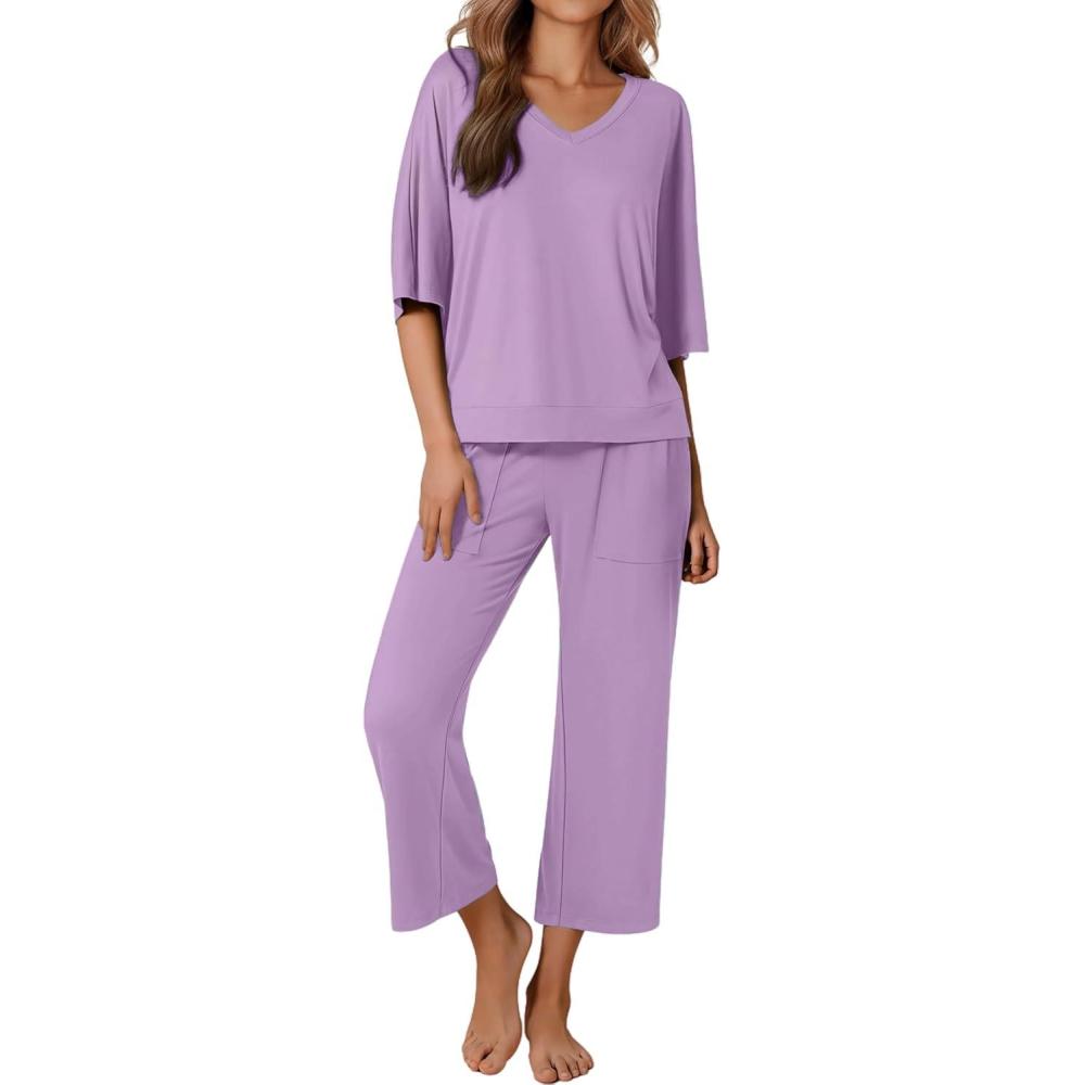 imageEkouaer Lounge Sets for Women Comfy Pajamas Set 2 Piece Outfits Short Sleeve Tops and Wide Leg Pants with Large PocketsLilac