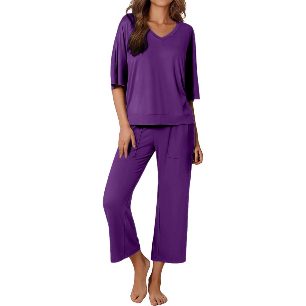imageEkouaer Lounge Sets for Women Comfy Pajamas Set 2 Piece Outfits Short Sleeve Tops and Wide Leg Pants with Large PocketsPurple
