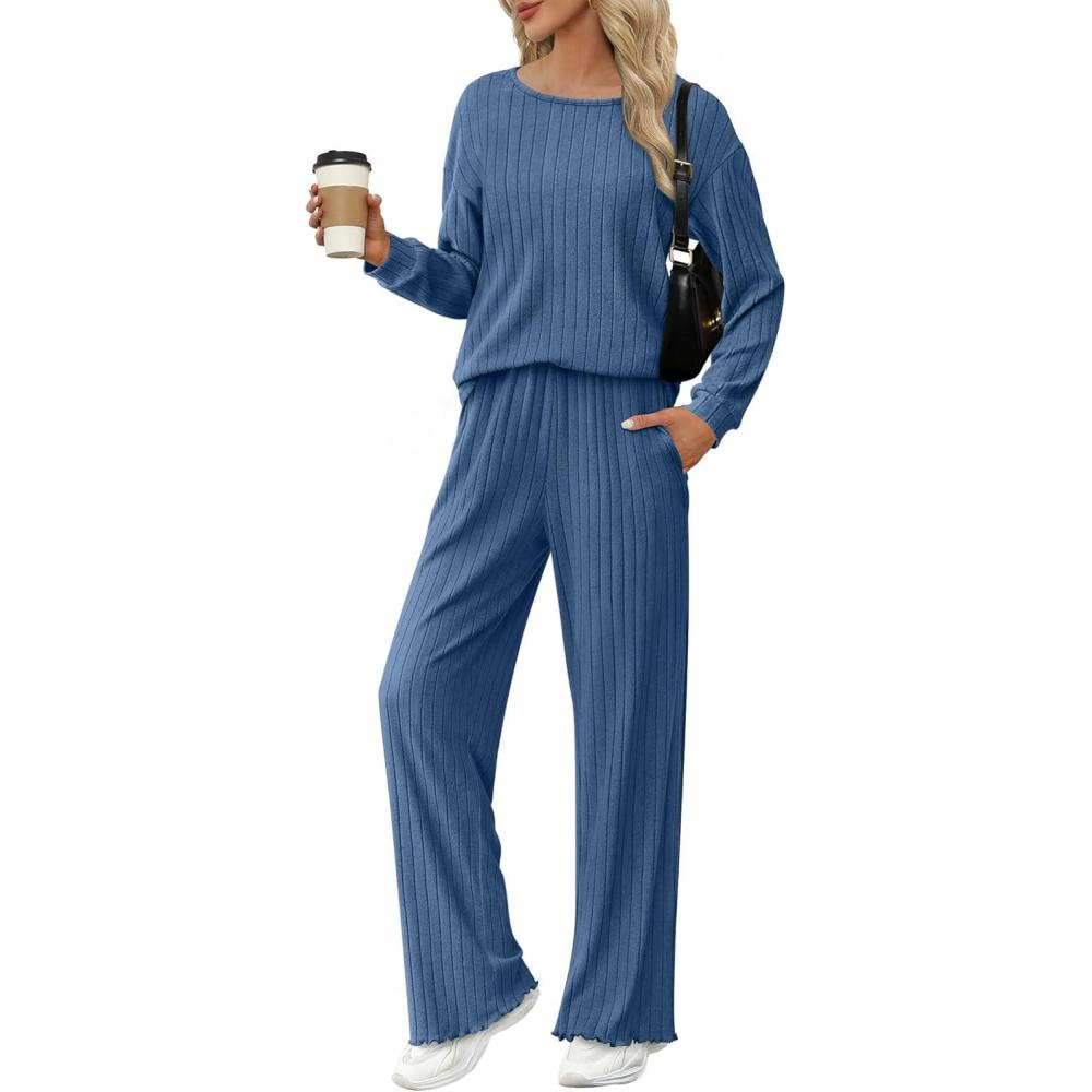 imageEkouaer Lounge Sets for Women Comfy Ribbed Knit Pajamas Fall Long Sleeve Sleepwear 2 Piece Casual LoungewearSXXLBlue