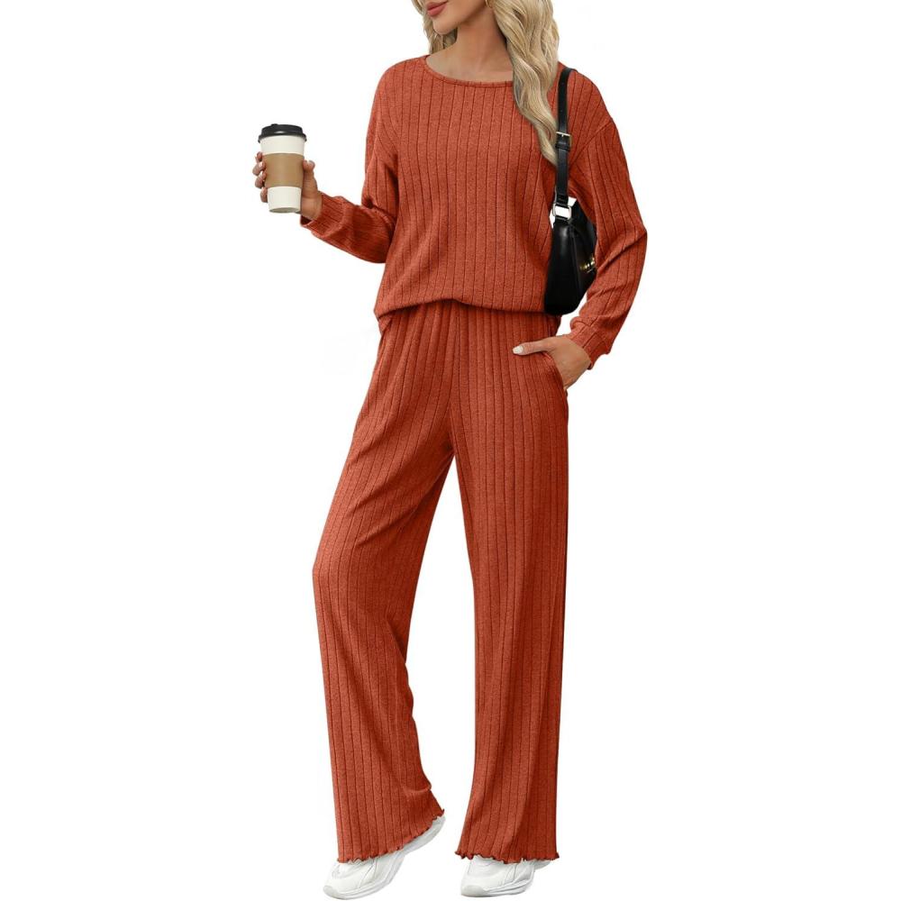 imageEkouaer Lounge Sets for Women Comfy Ribbed Knit Pajamas Fall Long Sleeve Sleepwear 2 Piece Casual LoungewearSXXLCaramel