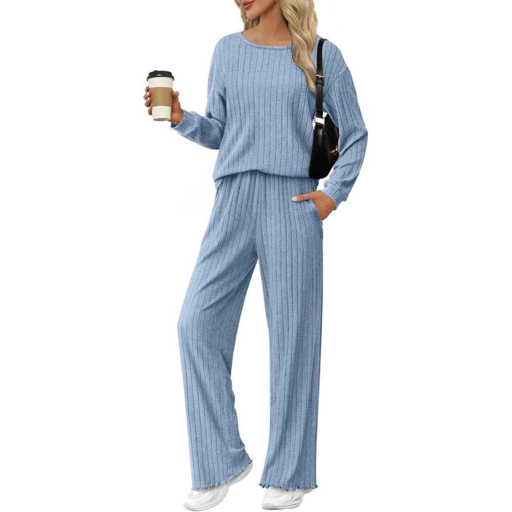 imageEkouaer Lounge Sets for Women Comfy Ribbed Knit Pajamas Fall Long Sleeve Sleepwear 2 Piece Casual LoungewearSXXLClear Blue