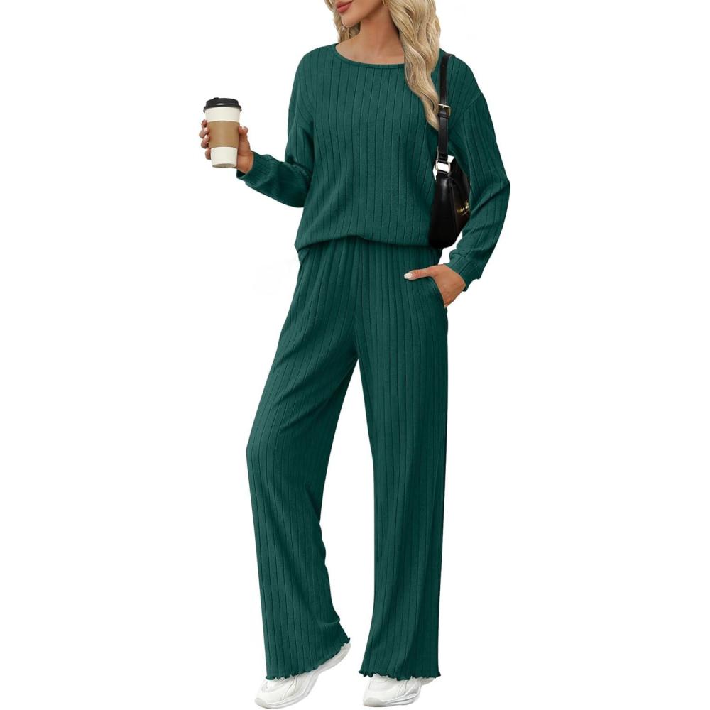 imageEkouaer Lounge Sets for Women Comfy Ribbed Knit Pajamas Fall Long Sleeve Sleepwear 2 Piece Casual LoungewearSXXLDark Green