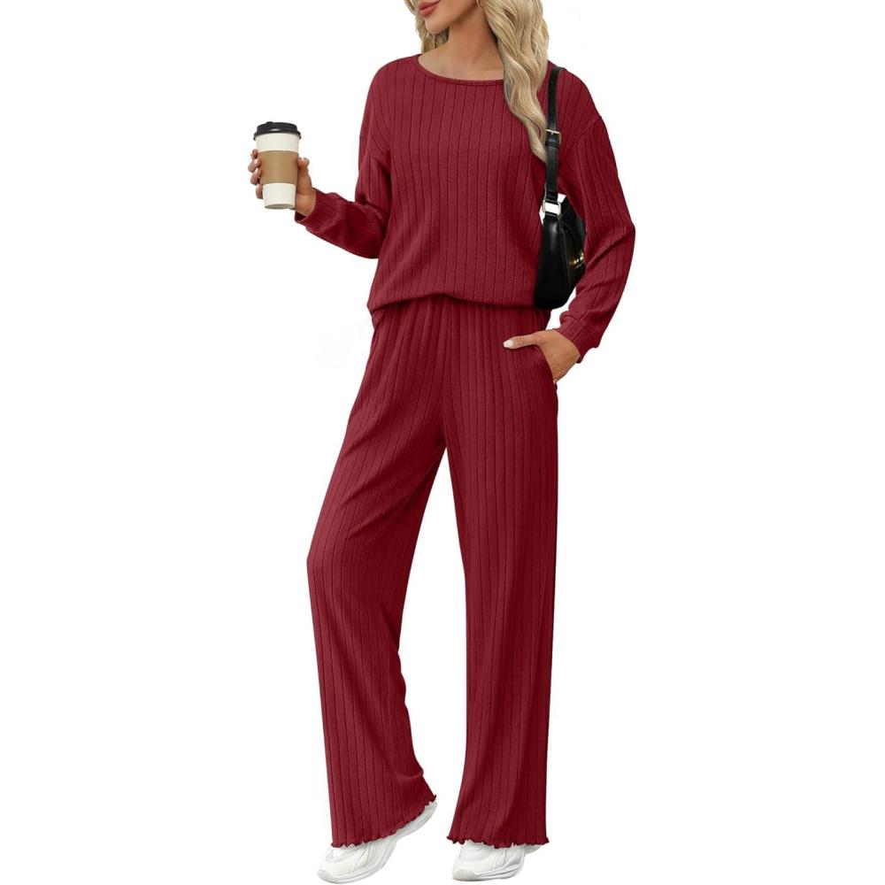 imageEkouaer Lounge Sets for Women Comfy Ribbed Knit Pajamas Fall Long Sleeve Sleepwear 2 Piece Casual LoungewearSXXLWine Red
