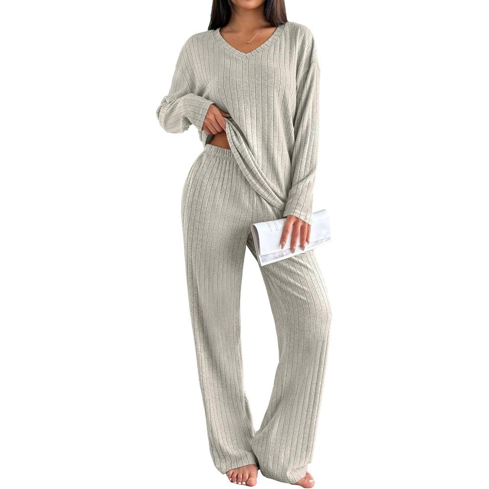 imageEkouaer Lounge Sets for Women Long Sleeve Knit Ribbed Pajama Sets 2 Piece Casual Loungewear with PocketsApricot