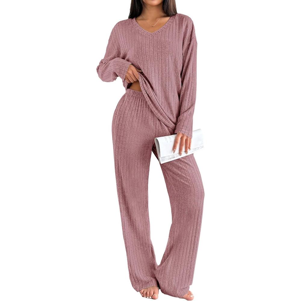 imageEkouaer Lounge Sets for Women Long Sleeve Knit Ribbed Pajama Sets 2 Piece Casual Loungewear with PocketsDusty Rose