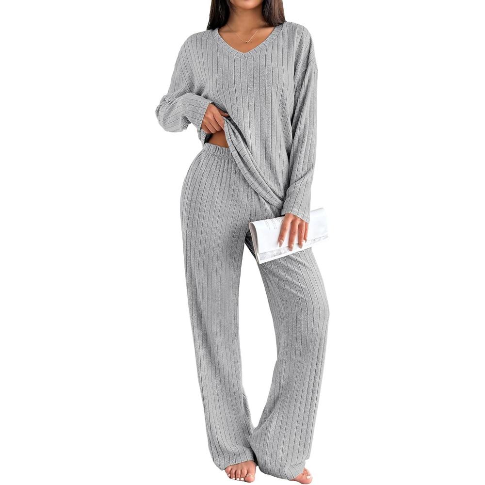 imageEkouaer Lounge Sets for Women Long Sleeve Knit Ribbed Pajama Sets 2 Piece Casual Loungewear with PocketsLight Gray