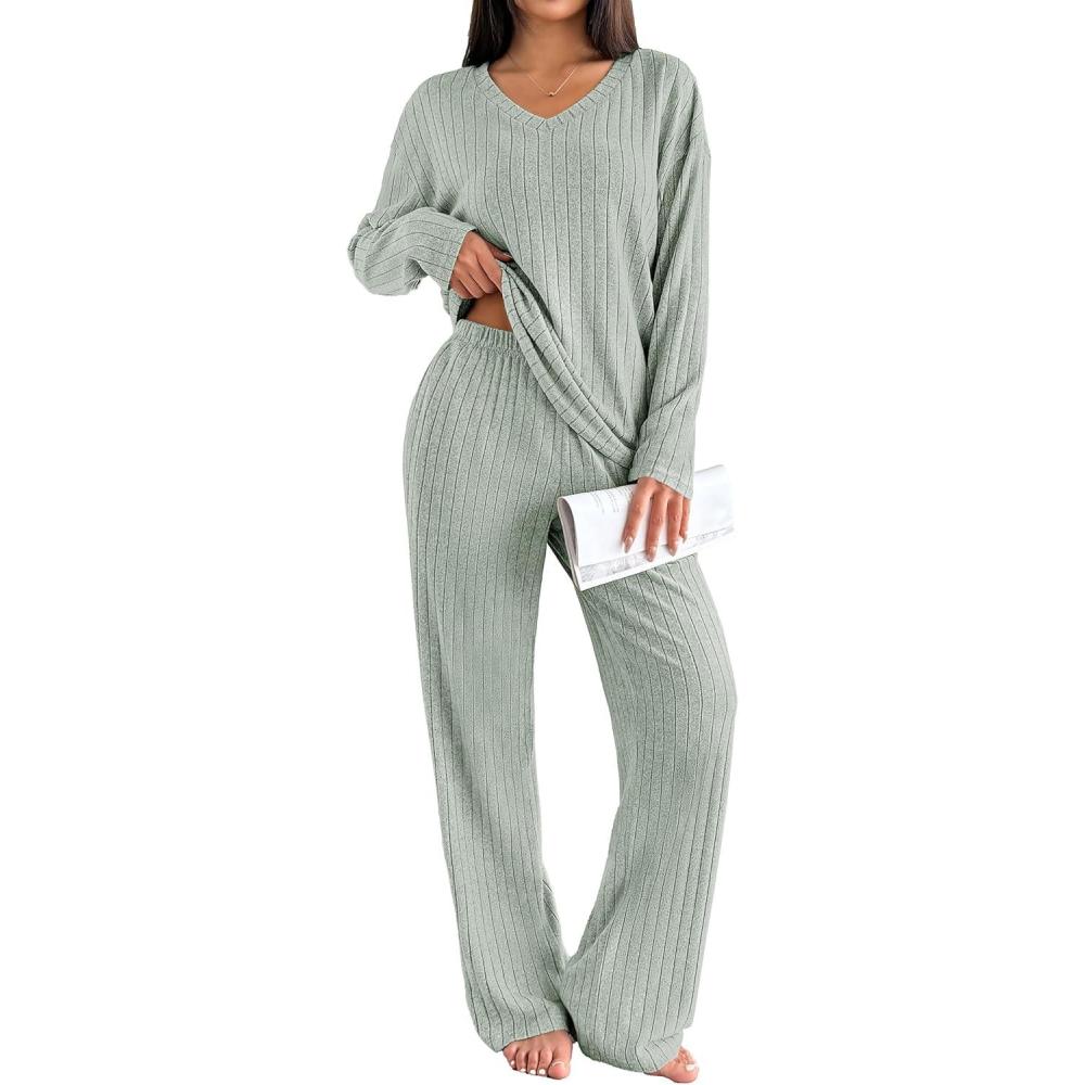 imageEkouaer Lounge Sets for Women Long Sleeve Knit Ribbed Pajama Sets 2 Piece Casual Loungewear with PocketsLight Green