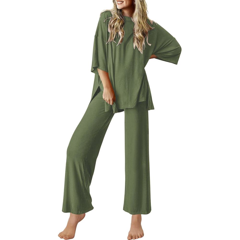 imageEkouaer Lounge Sets for Women Short Sleeve Tops and Long Pants Soft Comfy Pajamas Set 2 Piece Outfits SXXLArmy Green