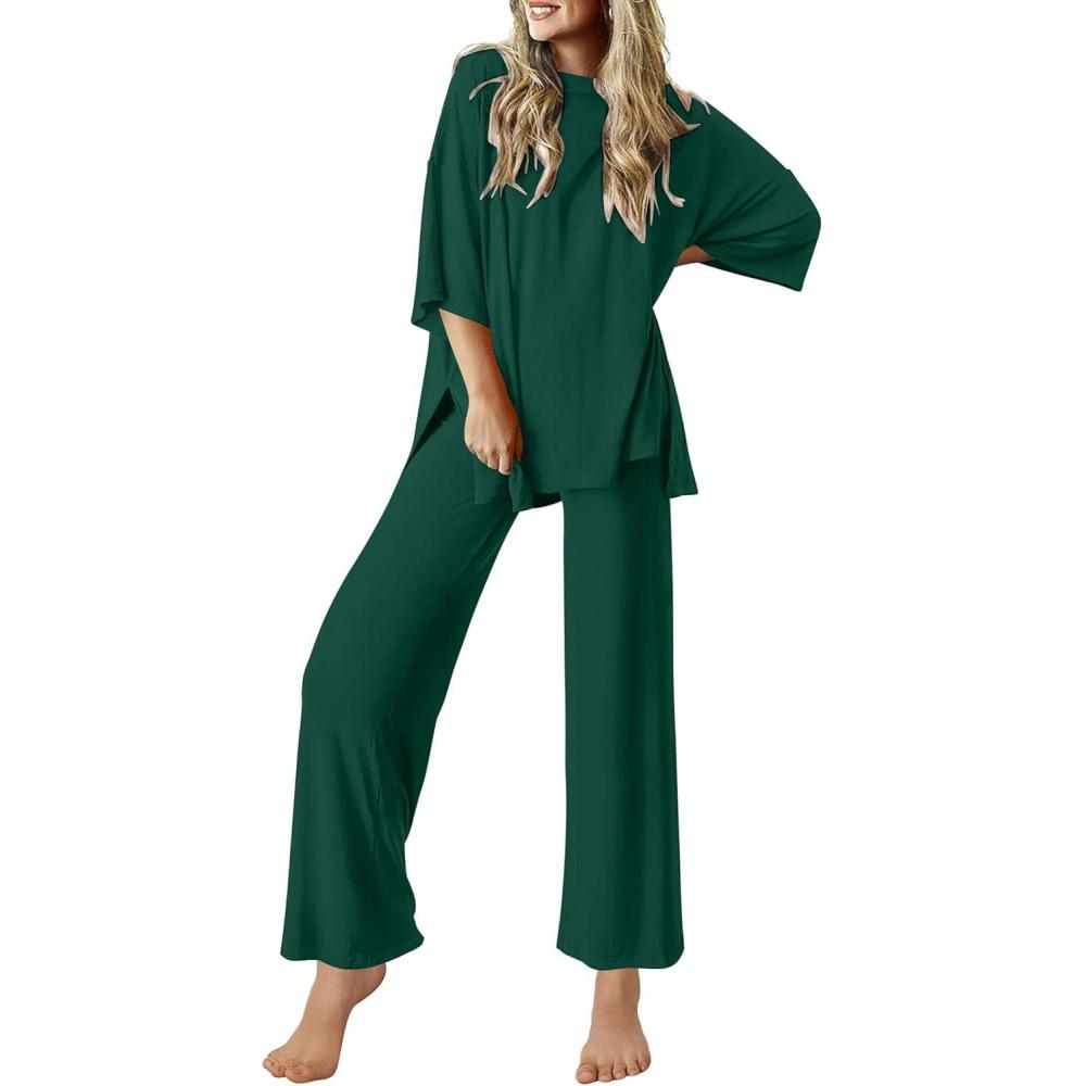 imageEkouaer Lounge Sets for Women Short Sleeve Tops and Long Pants Soft Comfy Pajamas Set 2 Piece Outfits SXXLDark Green