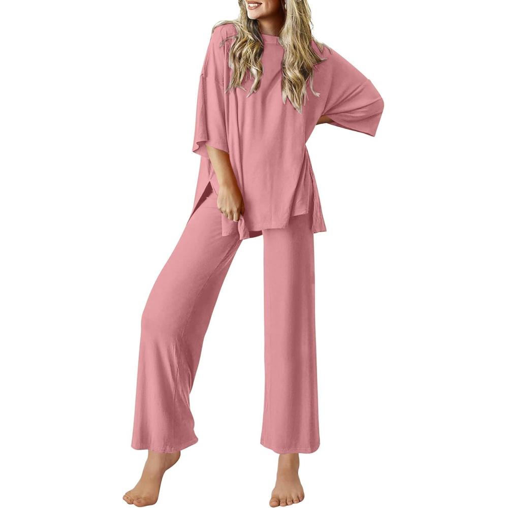 imageEkouaer Lounge Sets for Women Short Sleeve Tops and Long Pants Soft Comfy Pajamas Set 2 Piece Outfits SXXLOld Rose
