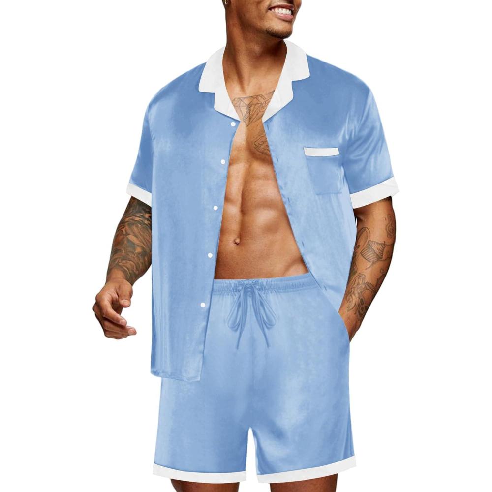 imageEkouaer Men Satin Silk Pajamas Set with Pockets Sleepwear Shorts Satin Summer Loungewear 2 Piece Button Down Set S3XLBlue