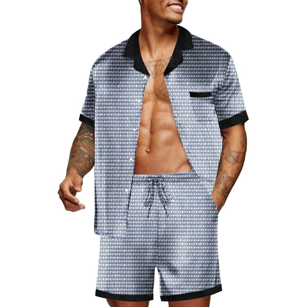 imageEkouaer Men Satin Silk Pajamas Set with Pockets Sleepwear Shorts Satin Summer Loungewear 2 Piece Button Down Set S3XLBlue Geometry