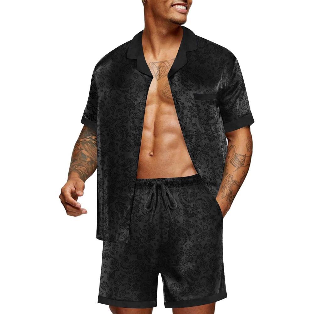 imageEkouaer Men Satin Silk Pajamas Set with Pockets Sleepwear Shorts Satin Summer Loungewear 2 Piece Button Down Set S3XLFloral Embossing