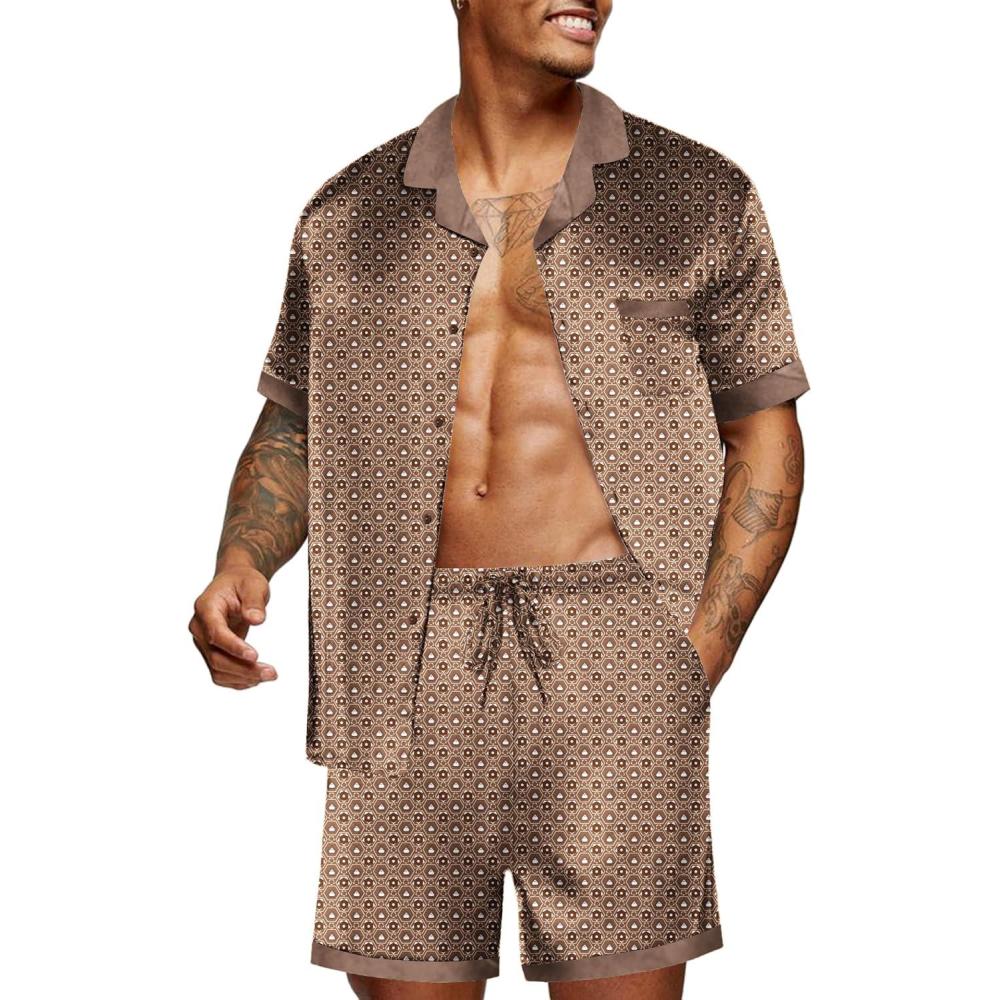 imageEkouaer Men Satin Silk Pajamas Set with Pockets Sleepwear Shorts Satin Summer Loungewear 2 Piece Button Down Set S3XLGeometric Gold