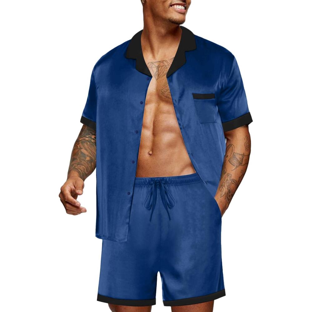 imageEkouaer Men Satin Silk Pajamas Set with Pockets Sleepwear Shorts Satin Summer Loungewear 2 Piece Button Down Set S3XLNavy Blue