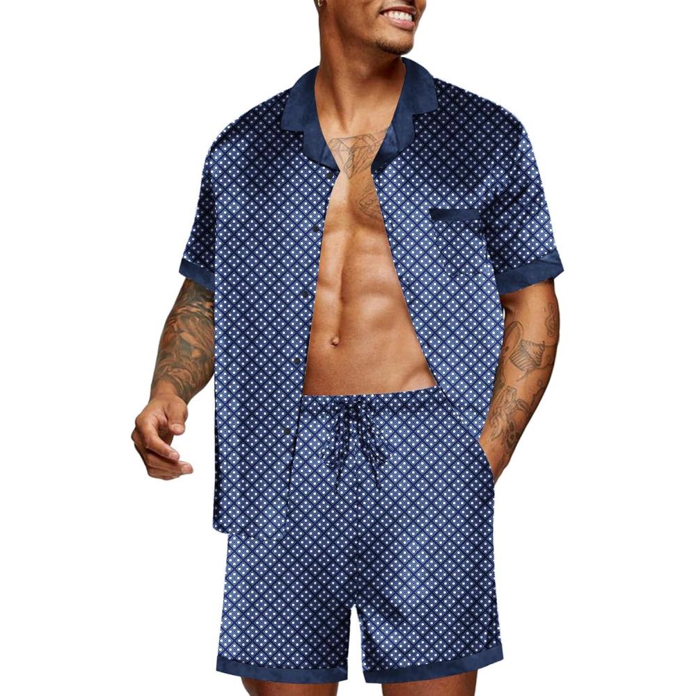 imageEkouaer Men Satin Silk Pajamas Set with Pockets Sleepwear Shorts Satin Summer Loungewear 2 Piece Button Down Set S3XLNavy Blue Geometry