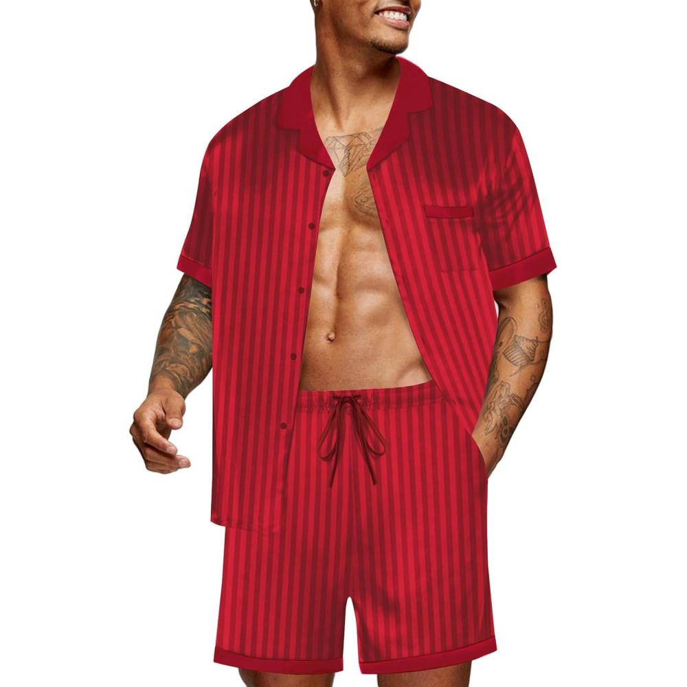imageEkouaer Men Satin Silk Pajamas Set with Pockets Sleepwear Shorts Satin Summer Loungewear 2 Piece Button Down Set S3XLRed Striped