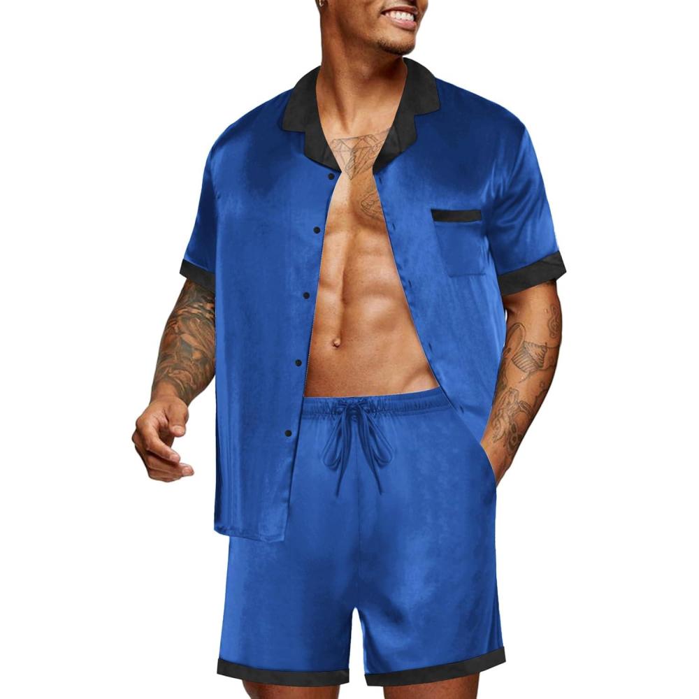 imageEkouaer Men Satin Silk Pajamas Set with Pockets Sleepwear Shorts Satin Summer Loungewear 2 Piece Button Down Set S3XLRoyal Blue