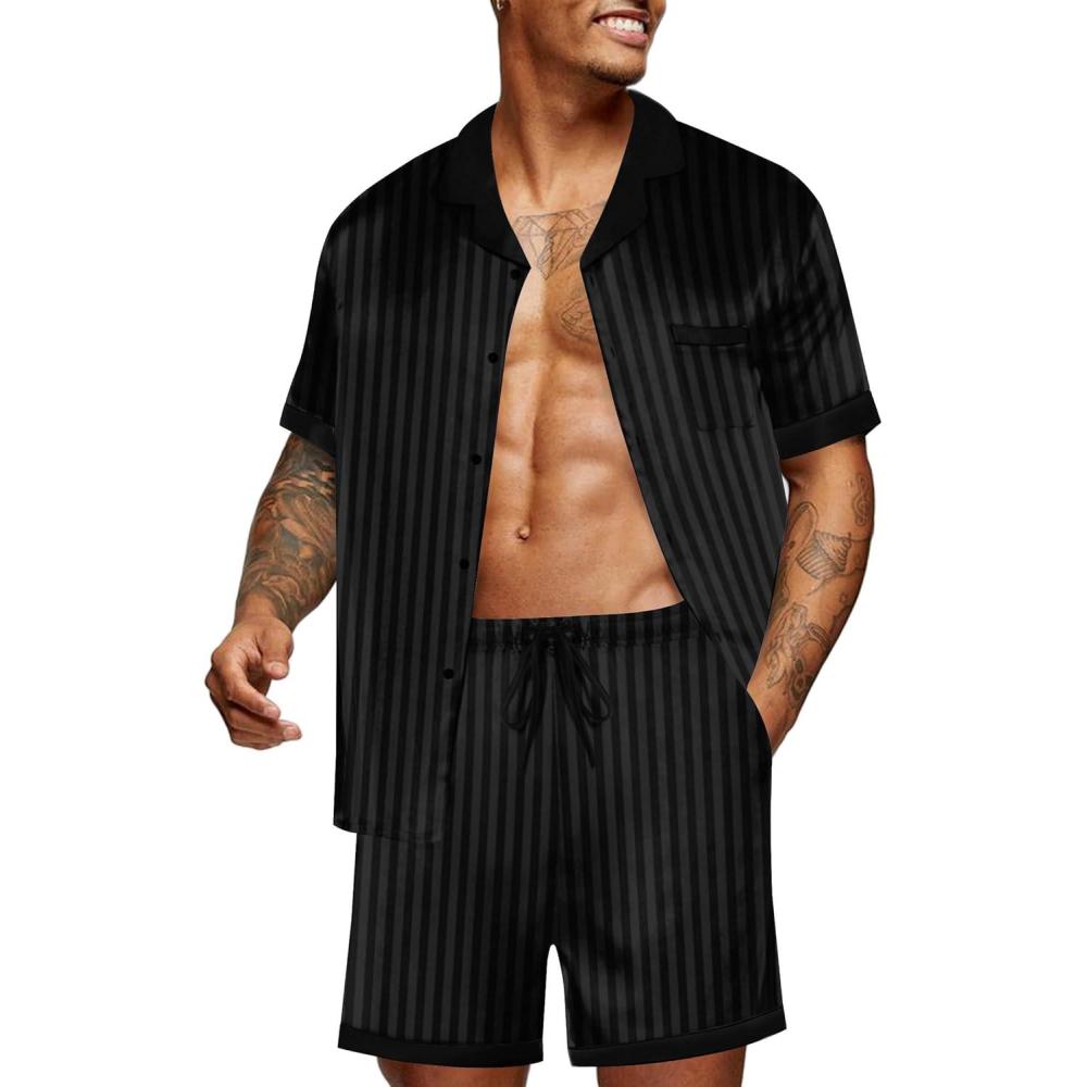 imageEkouaer Men Satin Silk Pajamas Set with Pockets Sleepwear Shorts Satin Summer Loungewear 2 Piece Button Down Set S3XLStripe Black