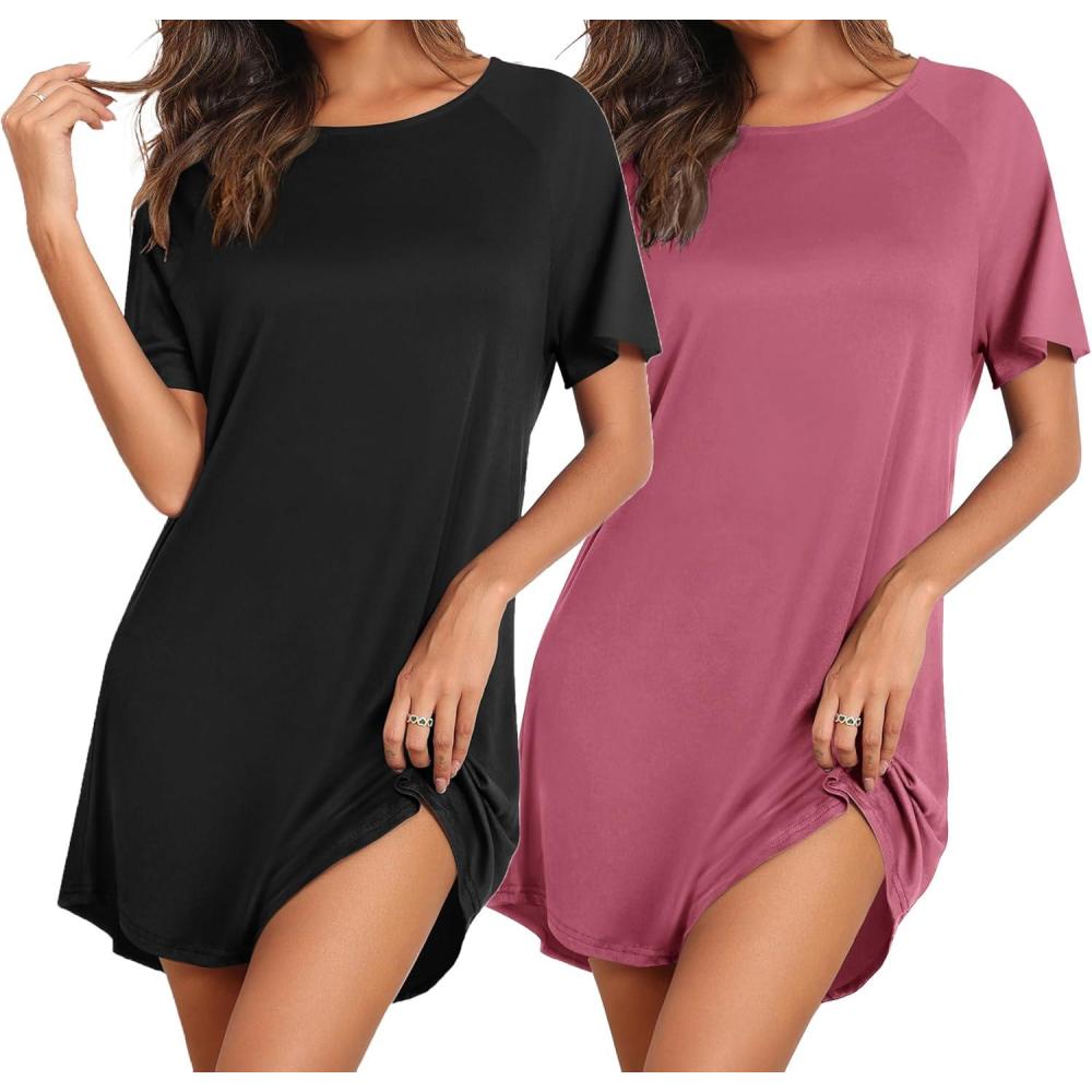 imageEkouaer Nightgowns for Women 2 Pack Bamboo Viscose Sleep Shirts Short Sleeve Nightshirt Comfy Sleepdress Soft SleepwearBlackCherry