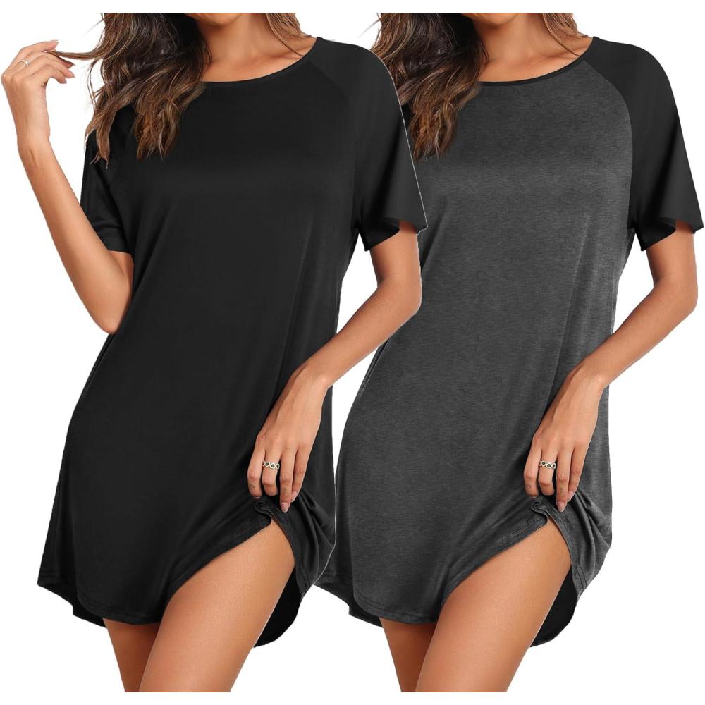imageEkouaer Nightgowns for Women 2 Pack Bamboo Viscose Sleep Shirts Short Sleeve Nightshirt Comfy Sleepdress Soft SleepwearBlackDark Grey