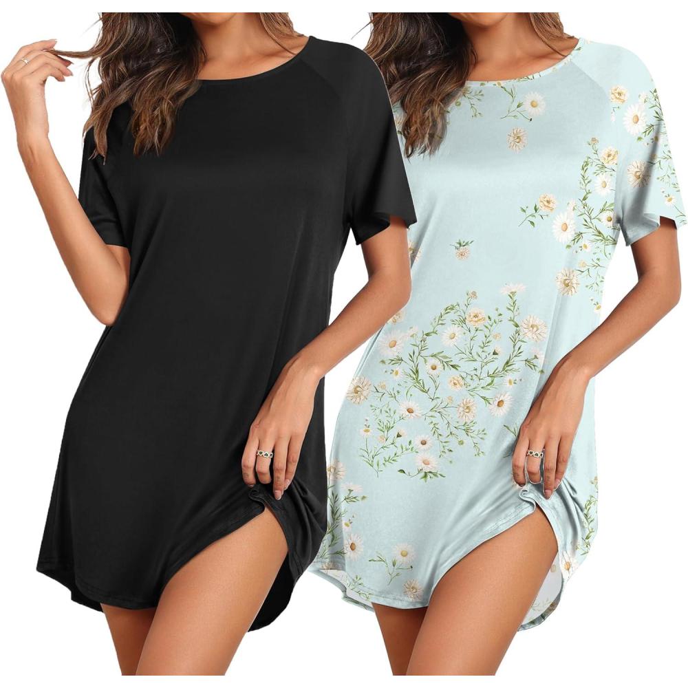 imageEkouaer Nightgowns for Women 2 Pack Bamboo Viscose Sleep Shirts Short Sleeve Nightshirt Comfy Sleepdress Soft SleepwearBlackGreen Daisy