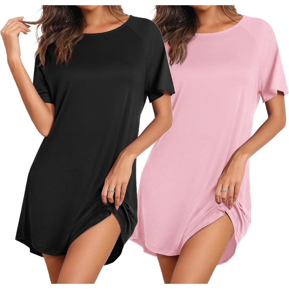imageEkouaer Nightgowns for Women 2 Pack Bamboo Viscose Sleep Shirts Short Sleeve Nightshirt Comfy Sleepdress Soft SleepwearBlackPink