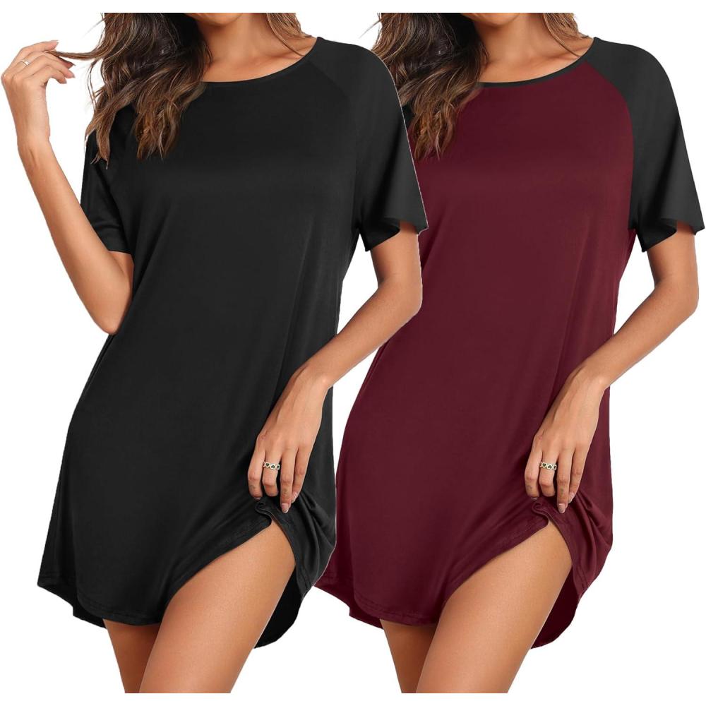 imageEkouaer Nightgowns for Women 2 Pack Bamboo Viscose Sleep Shirts Short Sleeve Nightshirt Comfy Sleepdress Soft SleepwearBlackWine Red