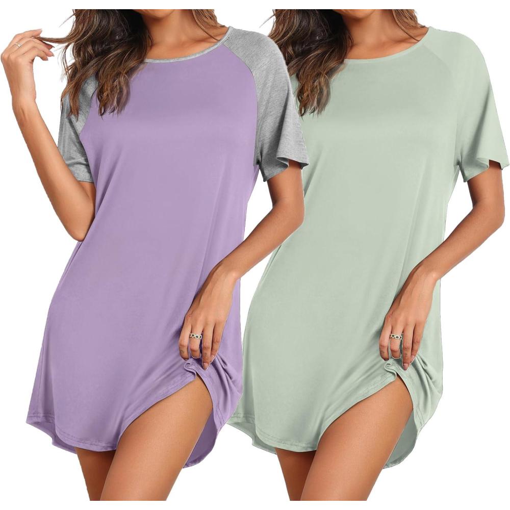 imageEkouaer Nightgowns for Women 2 Pack Bamboo Viscose Sleep Shirts Short Sleeve Nightshirt Comfy Sleepdress Soft SleepwearLilacLight Green