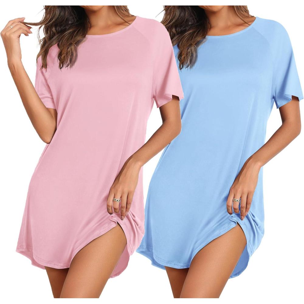 imageEkouaer Nightgowns for Women 2 Pack Bamboo Viscose Sleep Shirts Short Sleeve Nightshirt Comfy Sleepdress Soft SleepwearPinkLight Blue