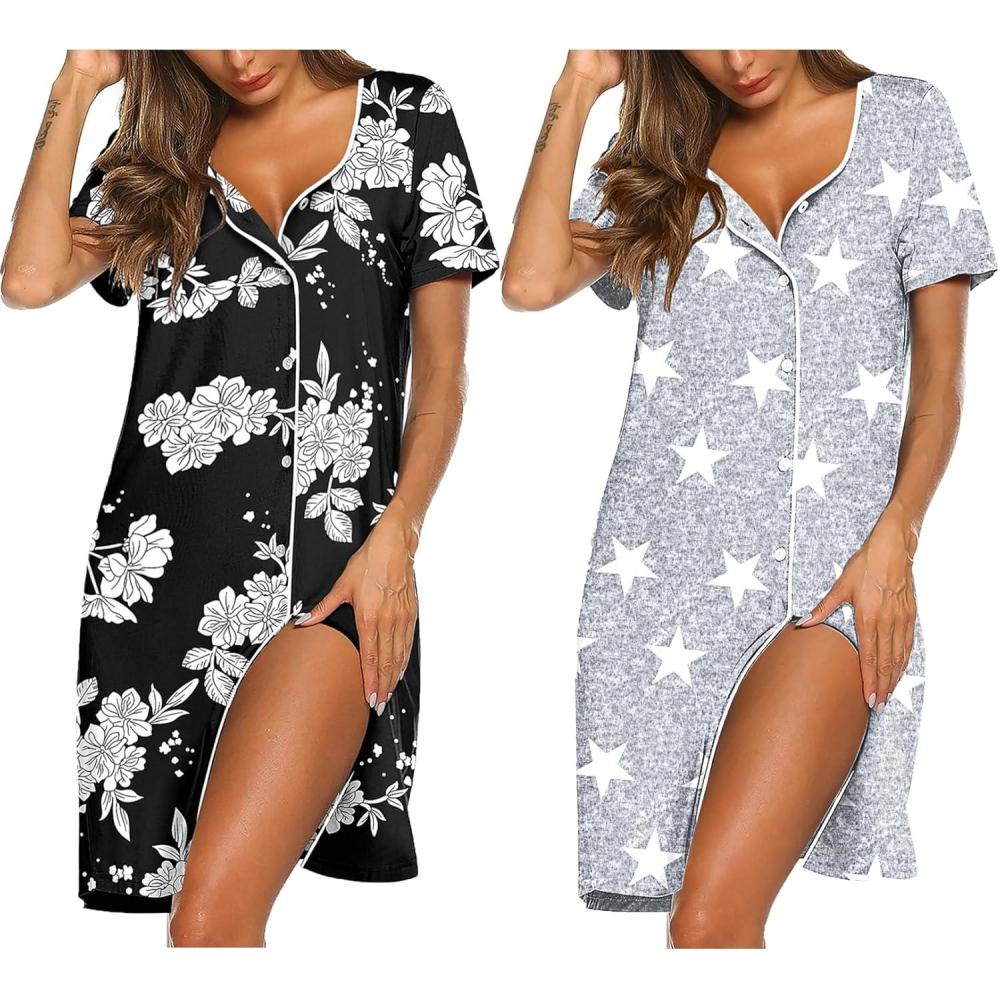 imageEkouaer Nightgowns for Women 2 Pack Button Down Sleepshirt Short Sleeve Nightshirt Soft Sleepwear V Neck Pajama DressBlack FloralGrey Star