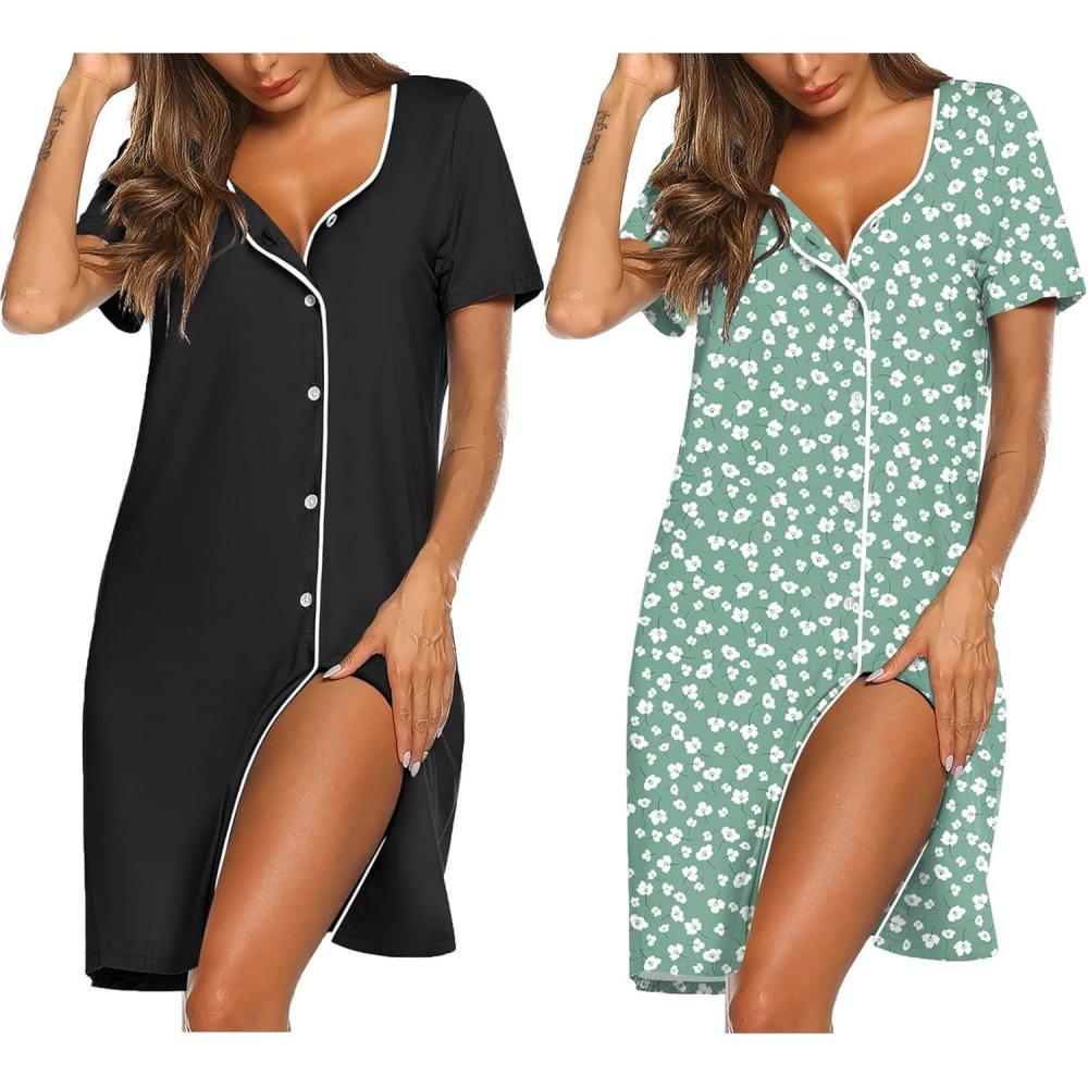 imageEkouaer Nightgowns for Women 2 Pack Button Down Sleepshirt Short Sleeve Nightshirt Soft Sleepwear V Neck Pajama DressBlackGreen White Florals