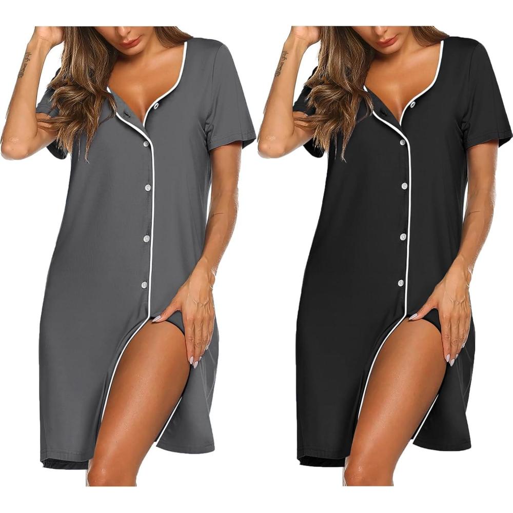 imageEkouaer Nightgowns for Women 2 Pack Button Down Sleepshirt Short Sleeve Nightshirt Soft Sleepwear V Neck Pajama DressBlackGrey