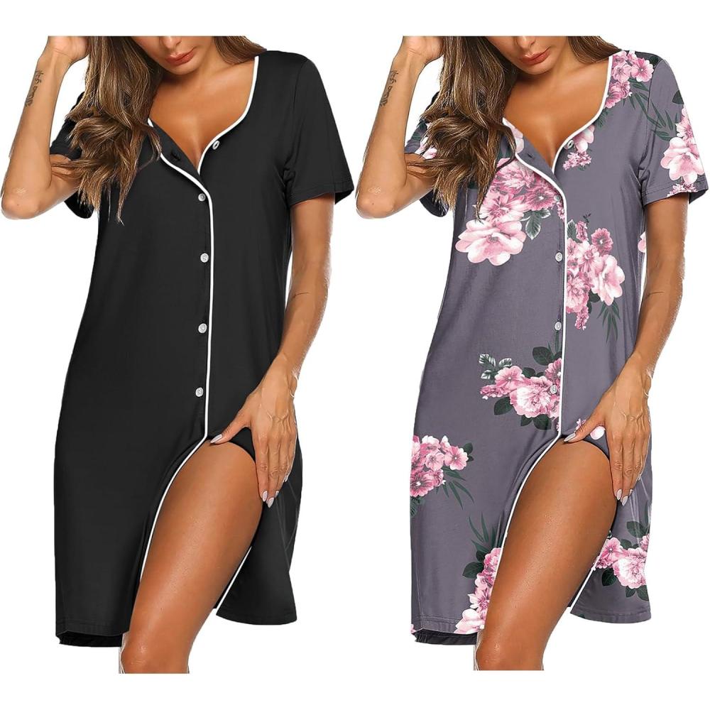 imageEkouaer Nightgowns for Women 2 Pack Button Down Sleepshirt Short Sleeve Nightshirt Soft Sleepwear V Neck Pajama DressBlackGrey Floral