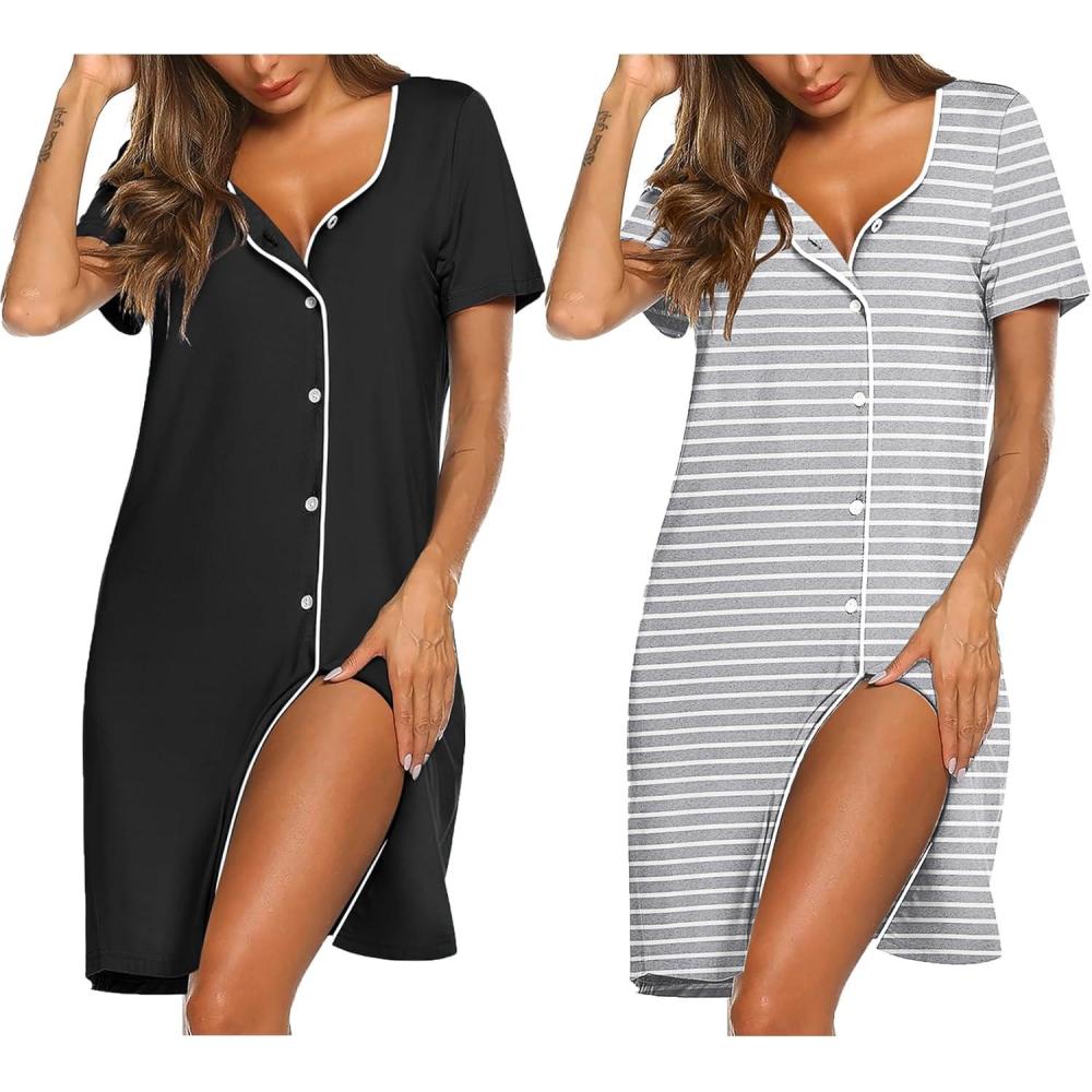 imageEkouaer Nightgowns for Women 2 Pack Button Down Sleepshirt Short Sleeve Nightshirt Soft Sleepwear V Neck Pajama DressBlackGrey Stripe
