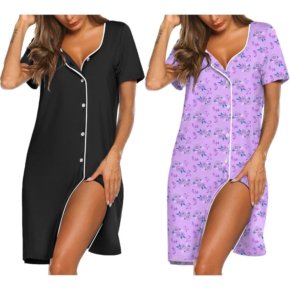 imageEkouaer Nightgowns for Women 2 Pack Button Down Sleepshirt Short Sleeve Nightshirt Soft Sleepwear V Neck Pajama DressBlackLilac White Florals