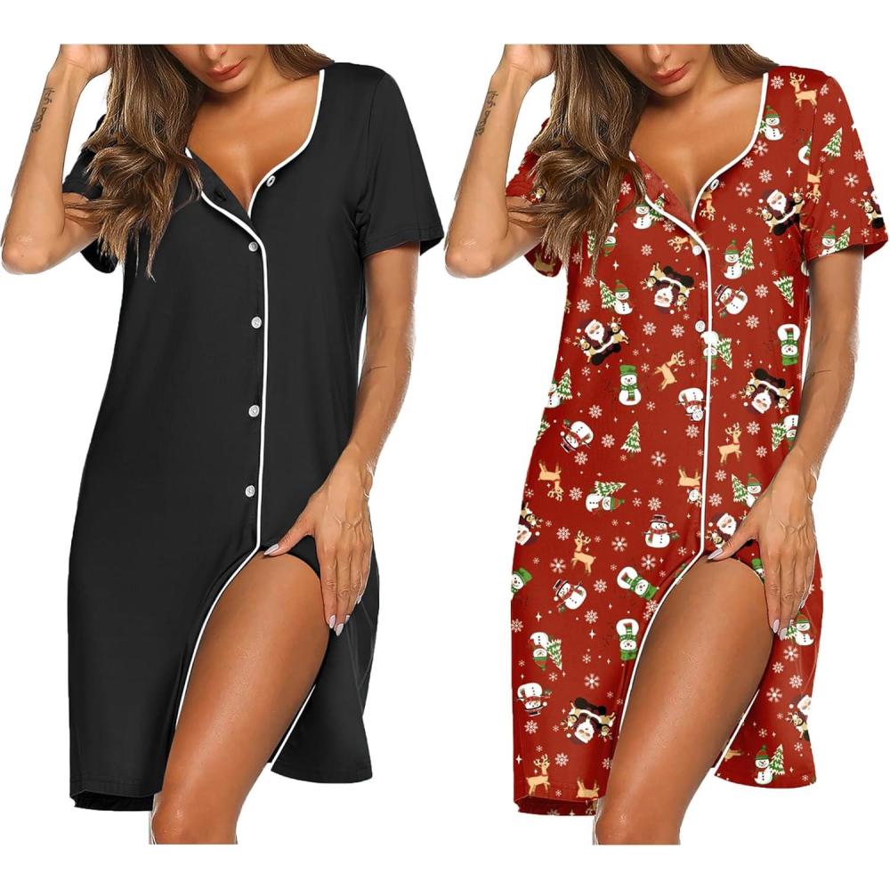 imageEkouaer Nightgowns for Women 2 Pack Button Down Sleepshirt Short Sleeve Nightshirt Soft Sleepwear V Neck Pajama DressBlackRed Christmas