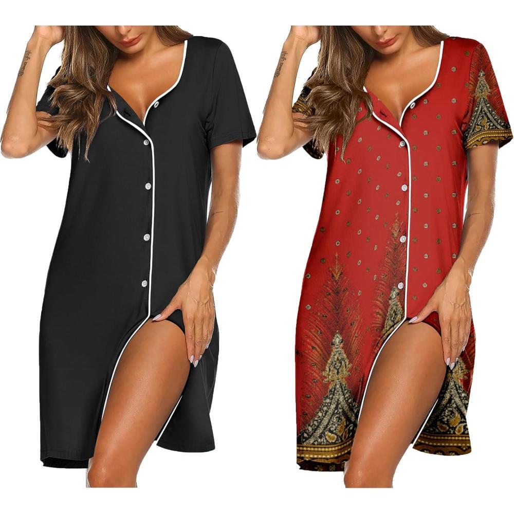 imageEkouaer Nightgowns for Women 2 Pack Button Down Sleepshirt Short Sleeve Nightshirt Soft Sleepwear V Neck Pajama DressBlackRed Feather