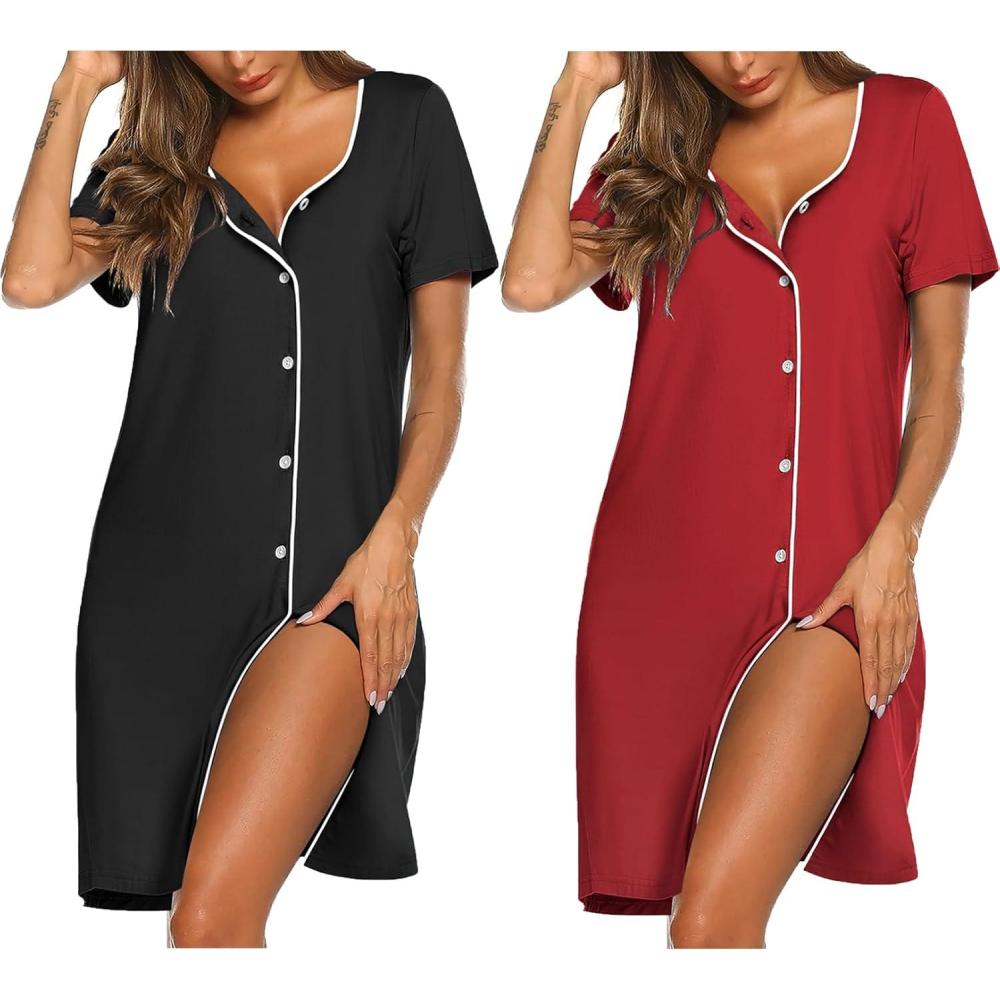 imageEkouaer Nightgowns for Women 2 Pack Button Down Sleepshirt Short Sleeve Nightshirt Soft Sleepwear V Neck Pajama DressBlackWine Red