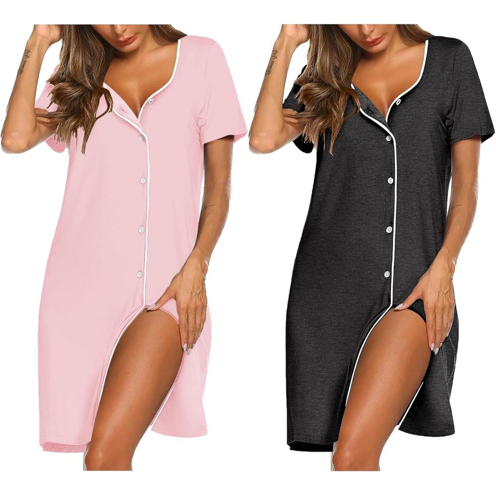 imageEkouaer Nightgowns for Women 2 Pack Button Down Sleepshirt Short Sleeve Nightshirt Soft Sleepwear V Neck Pajama DressGreyPink